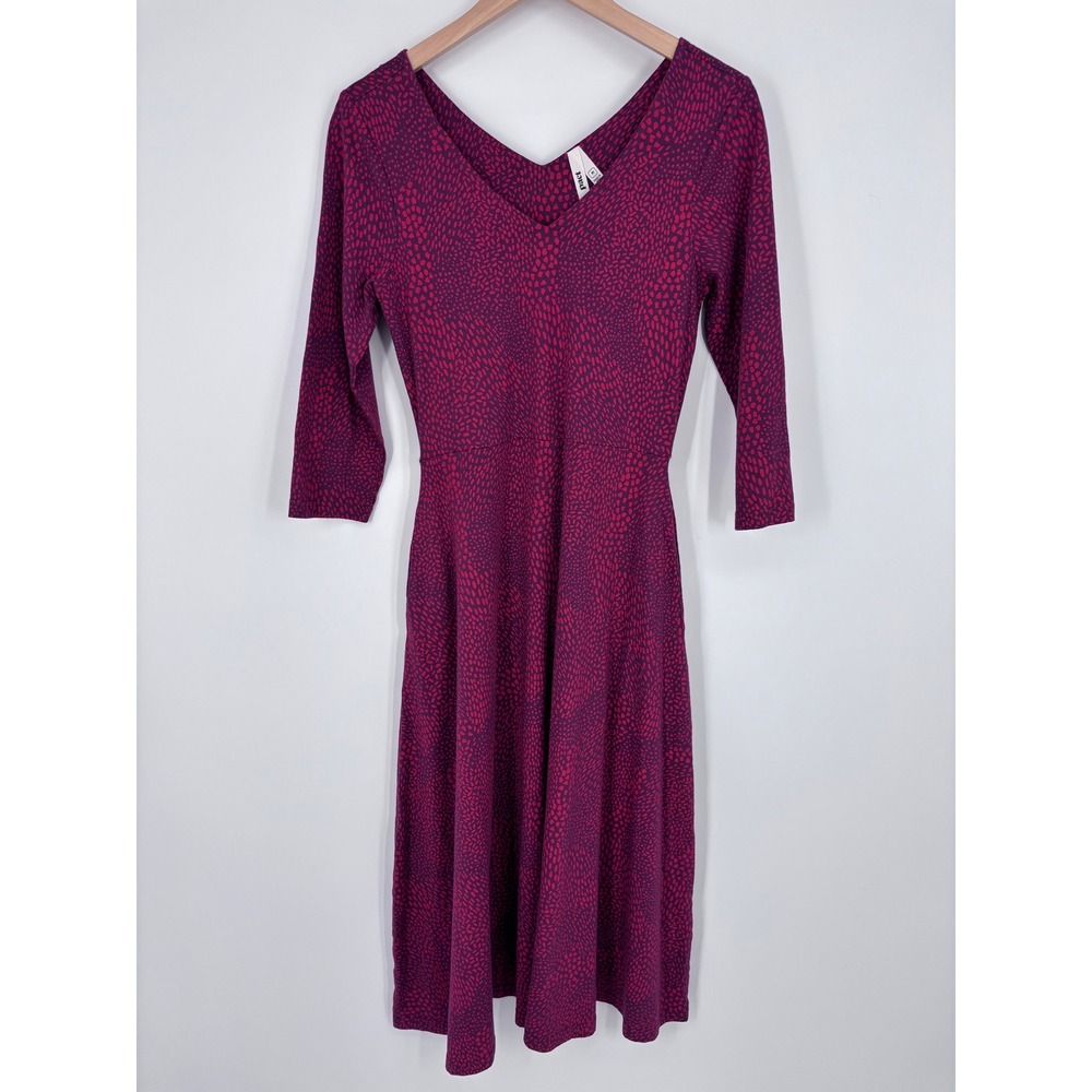 Pact Organic Cotton Fit and Flare V-Neck Midi Dress Women Size M Purple Pattern